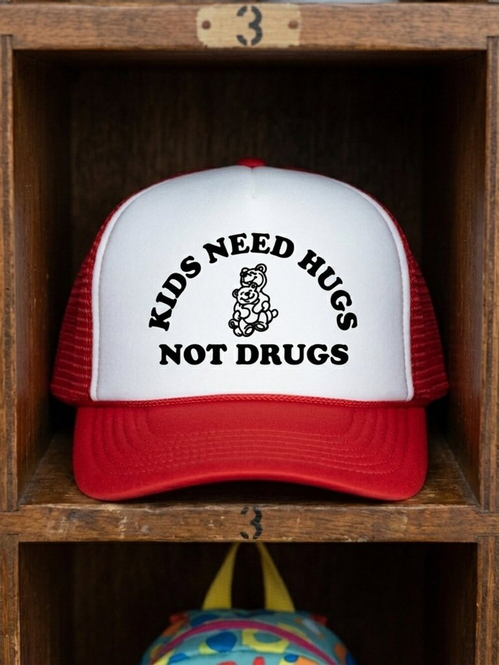 Kids Need Hugs Not Drugs 80s PSA Printed Red White Foam Rope Snapback Hat Retro